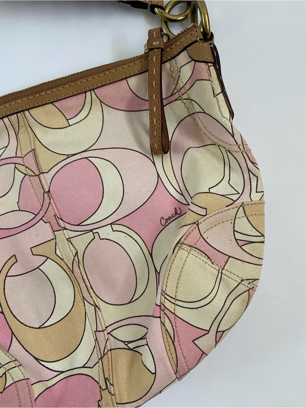 Coach Pink & Tan Signature Optic Print with Braided Handle Hobo Purse - Picture 2 of 9